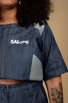 Cropped patchwork com zíper.